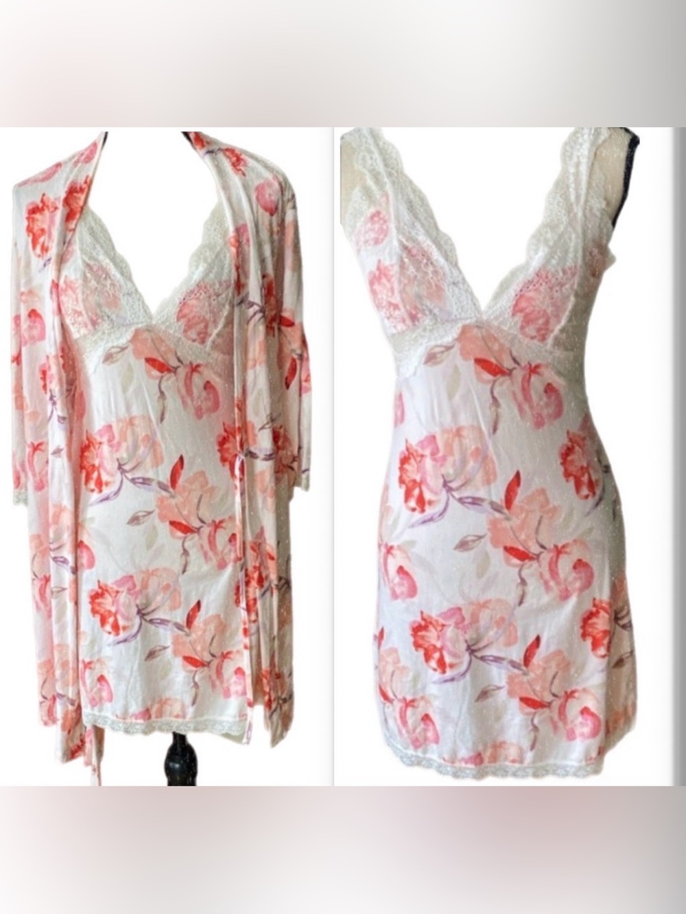 Mirabeau short multicolor pink floral vneck lace chemise and robe set